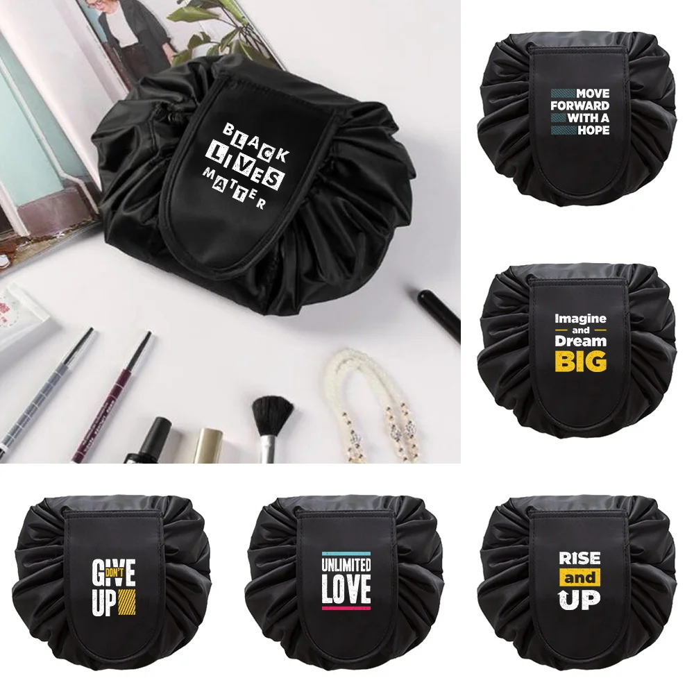 

Women Travel Drawstring Cosmetic Bag Organizer Lazy Make Up Cases Phrase Letter Storage Bag Kit Box Tools Toiletry Beauty Case