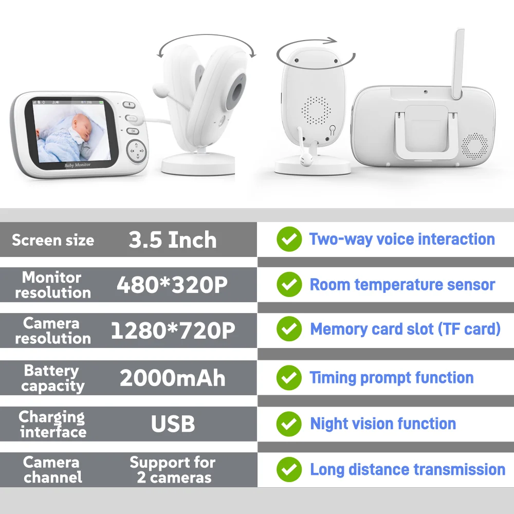 HD радионяня 3,5-дюймовый беспроводной видеомониторинг температуры ночного видения двусторонний аудиоразговор с напоминанием о воспроизведении времени