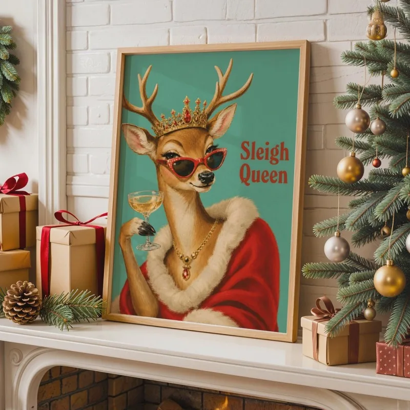 Unframed Canvas Wall Art Sleigh Queen Cool Reindeer with Sunglasses Crown Print Christmas Poster for Xmas Holiday Home Decor