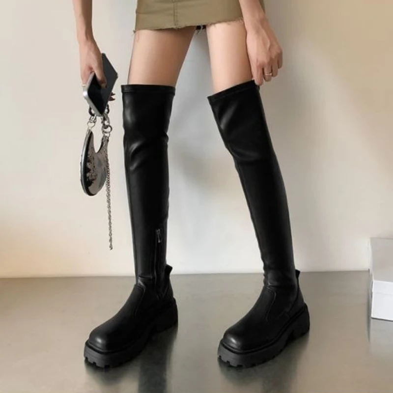 

Trendy Korean Style Women's Sexy Over The Knee Boots 2025 A/W New Chunky Heel Black Thick Sole Square Toe Stretch Slimming