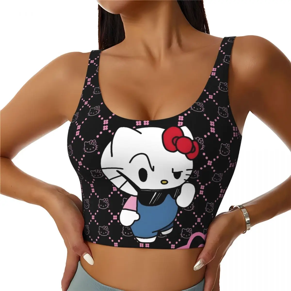 

Custom Women's Cool Hello Kitty Sports Bra Anime Cartoon High Impact Gym Workout Running Crop Tank Tops