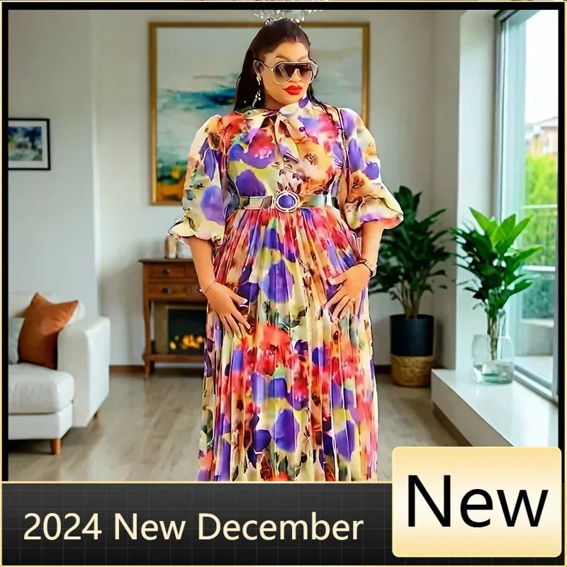 Print Chiffon Maxi Dress African Dresses For Women Elegant Puff Sleeve High Waist Dress Africa Clothing Vestidos Robe Party