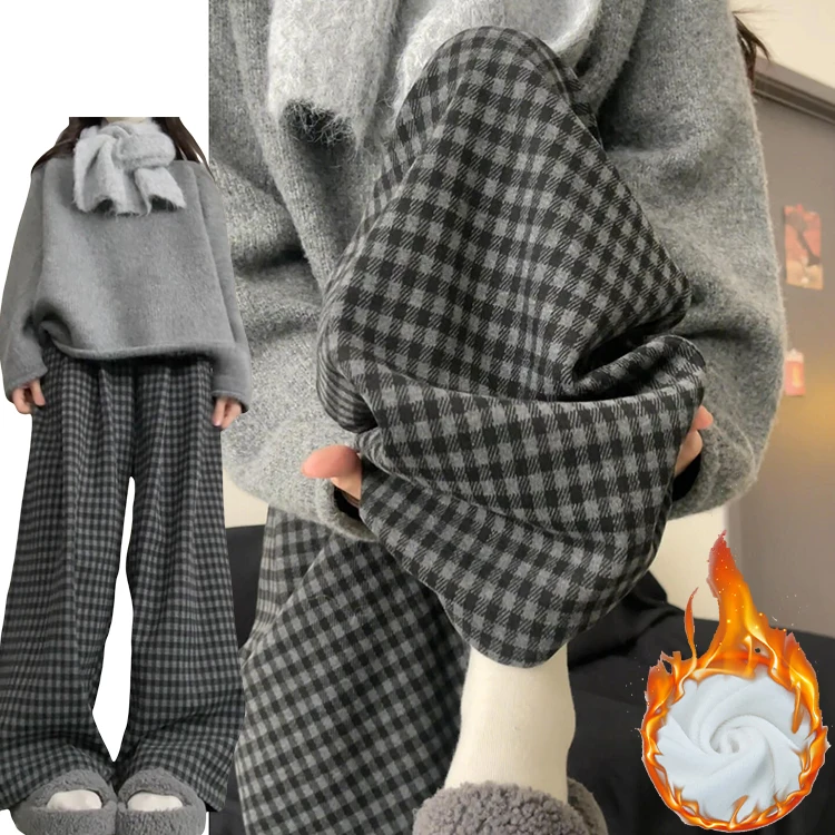 Retro Lazy Sle Wide Leg Pants Women's Autumn Winter Thiened High Waist Casual Woolen Plaid Pants Korean Sle Straight Leg