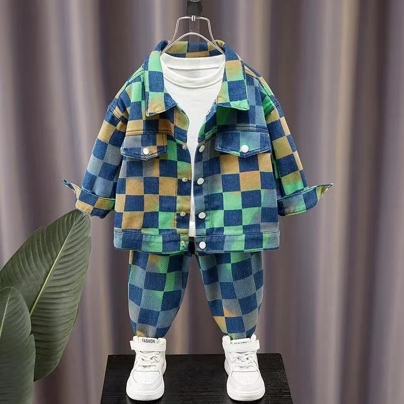 Children\'s And Boys Denim Set For Spring And Autumn New Autumn Two-piece Set For Korean Version Of Fashionable Plaid For Boys