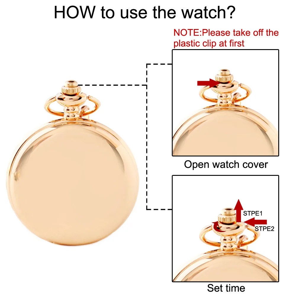 Vintage Luxury Quartz Pocket Watch for Men Women Kids Fob Chain Easy Read Numbers Rose Gold Smooth Case Necklace Pendant Clock
