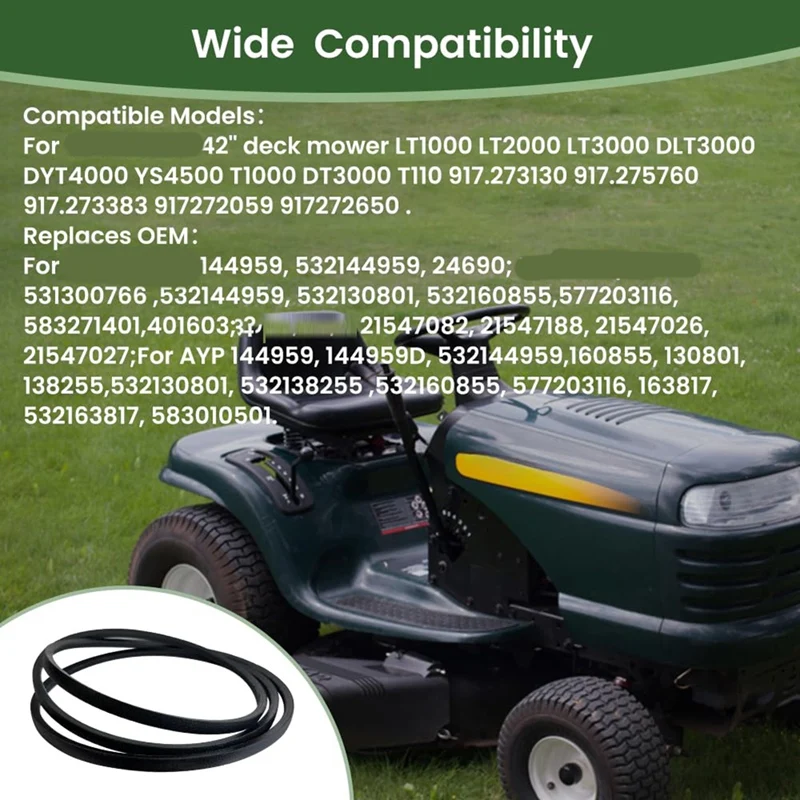حار 2 حزمة 144959   حزام سطح السفينة للحرفي LT1000 LT3000 DLT3000 42 بوصة قطع غيار جزازة الركوب 532144959 (1/2 × 95 بوصة)