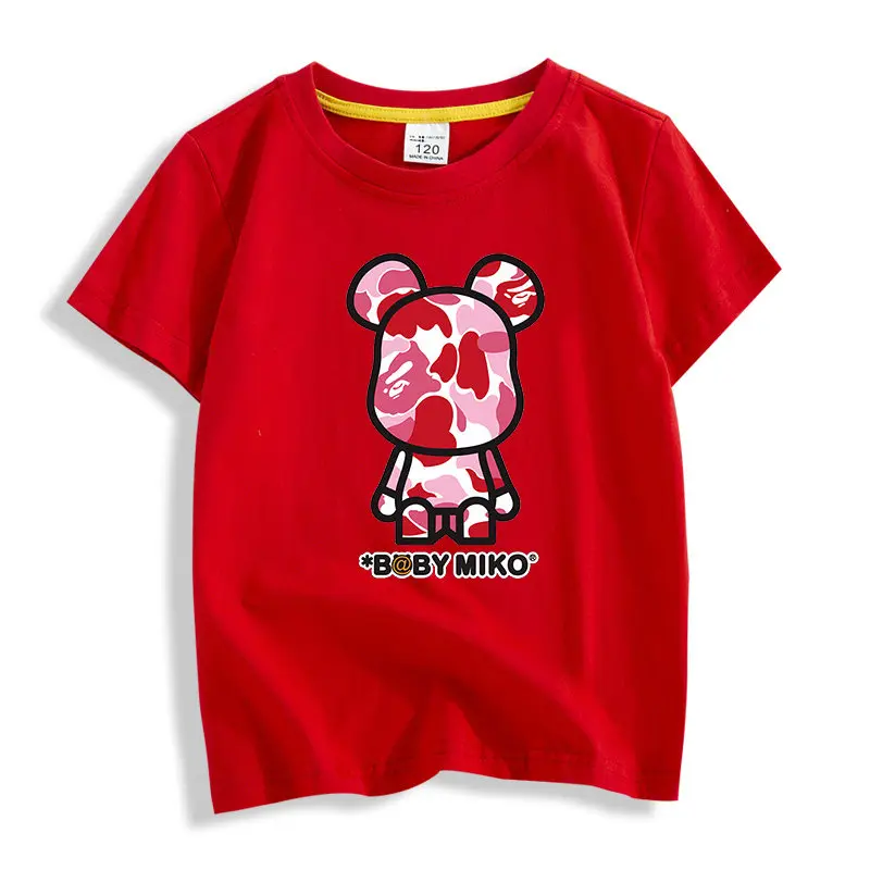 2026 Children's T-shirt Trendy Brand Violent Bear Print Round Neck Parent-child Outfit Pure Cotton Casual Boys and Girls' Top