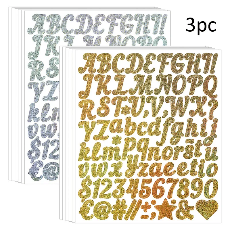 

3pc Handwritten Letter Sticker With Golden Sand Silver Sand Shiny And Sturdy Waterproof Gift Card DIY Alphanumeric Sticker