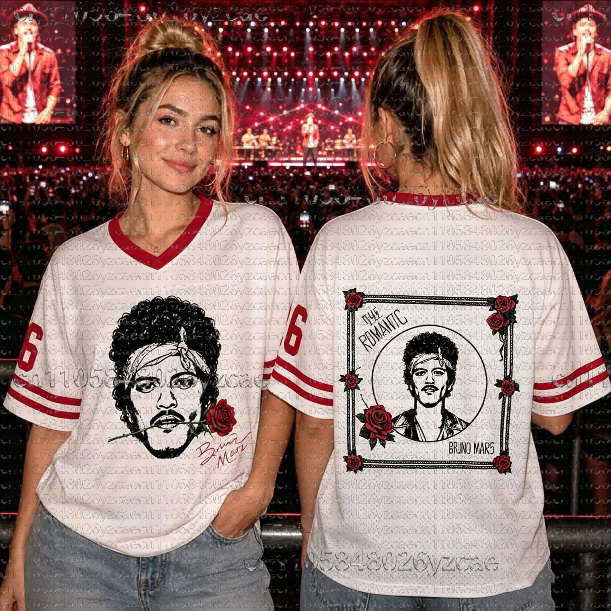 Bruno Mars The Romantic Tour 2026 Number Football Jersey Vintage Rose Graphic Short Sleeve Retro Concert Top for Adults