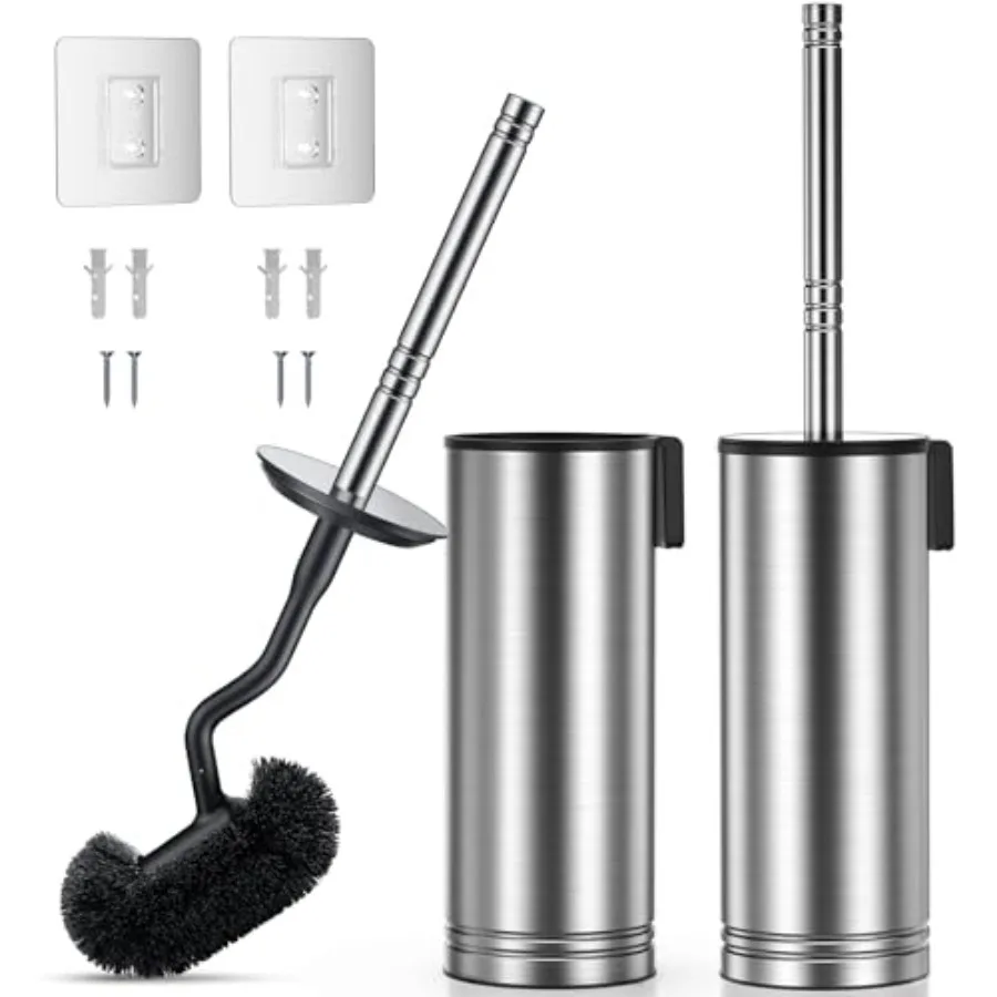 

Toilet Brush and Holder Set: 304 Stainless Steel Rustproof Toilet Scrubber with Under Rim Deep Cleaning Curved Bristle - Bathro