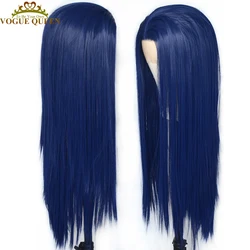 Voguequen – perruque Lace Front Wig synthétique bleu foncé, perruque lisse et soyeuse en Fiber résistante à la chaleur pour femmes