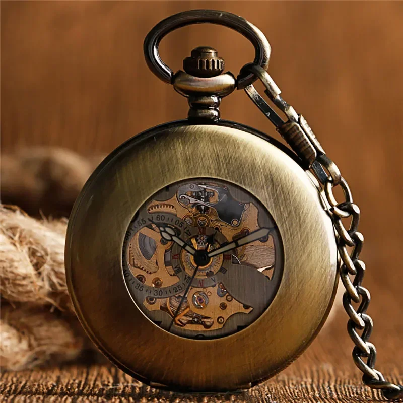 Antique Retro Skeleton Automatic Mechancial Pocket Watch for Men Women Arabic Numbers FOB Chain Luminous Hands Relgio de bolso
