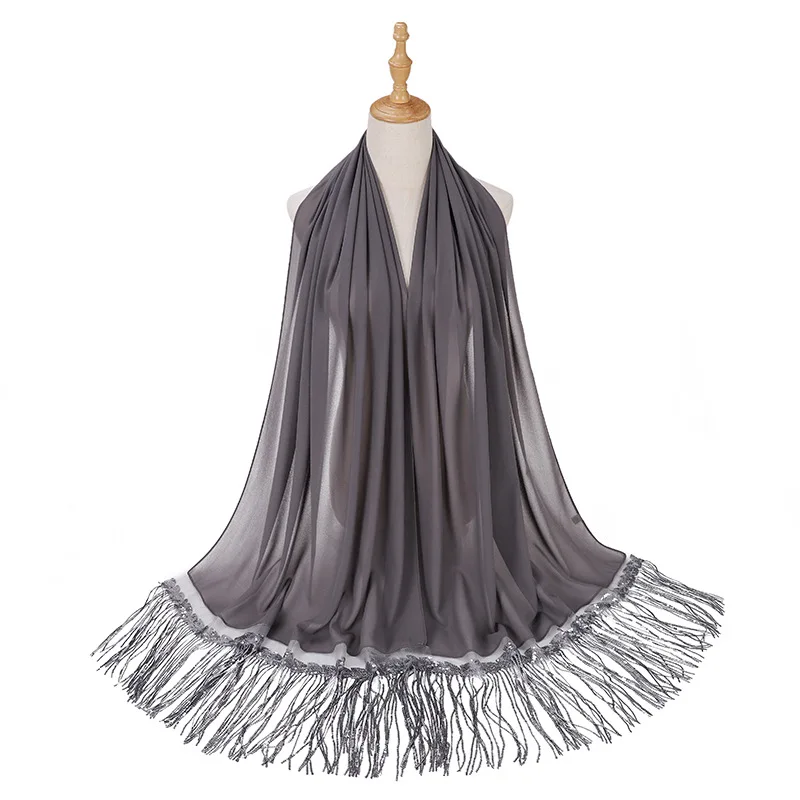 New Sequins Tassel Scarf Arab Muslim Plain Chiffon Hijab Wrap Islamic Shawls Malaysia Long Fringes Headband Women Headwear