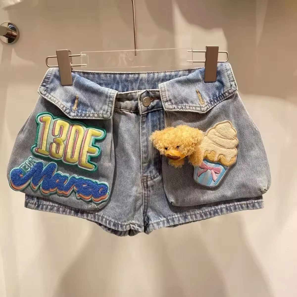 Kawaii Cartoon Letter Embroidery Denim Shorts Women Light Blue Jeans Plush Teddy Bear Cupcake Patch Hot Pants Y2K Streetwear