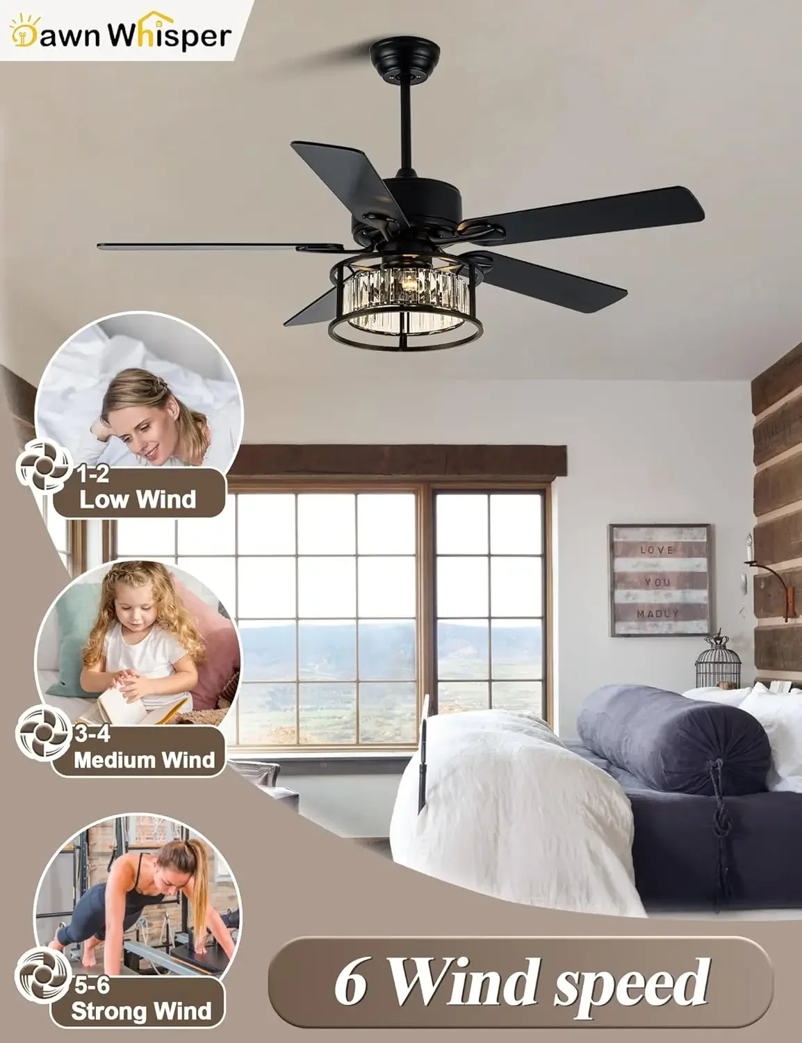 52인치 샹들리에 천장 선풍기 (조명 및 리모컨 포함), 저소음 양방향 DC 모터, 블랙 케이지 모던 침실용 천장 선풍기