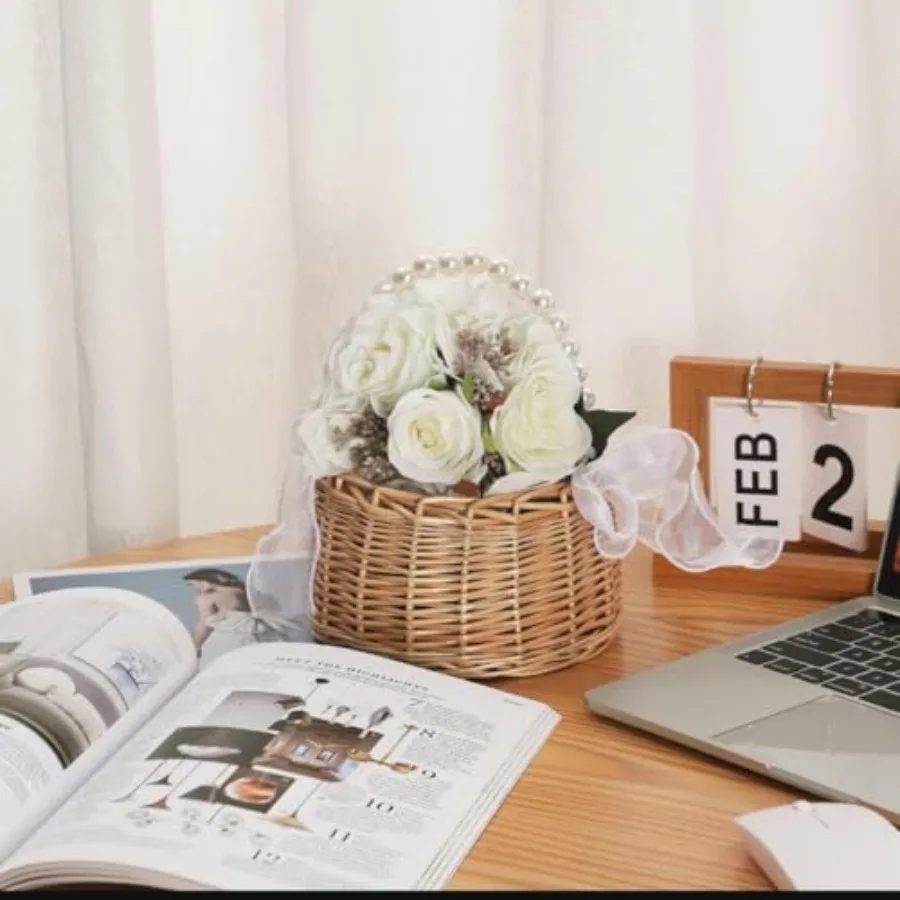 Wedding Flower Girl Basket with Pearl Handle Bow and Waterproof Lining for Outdoor Picnic Handwoven Cute Small Wicker Rattan Fa