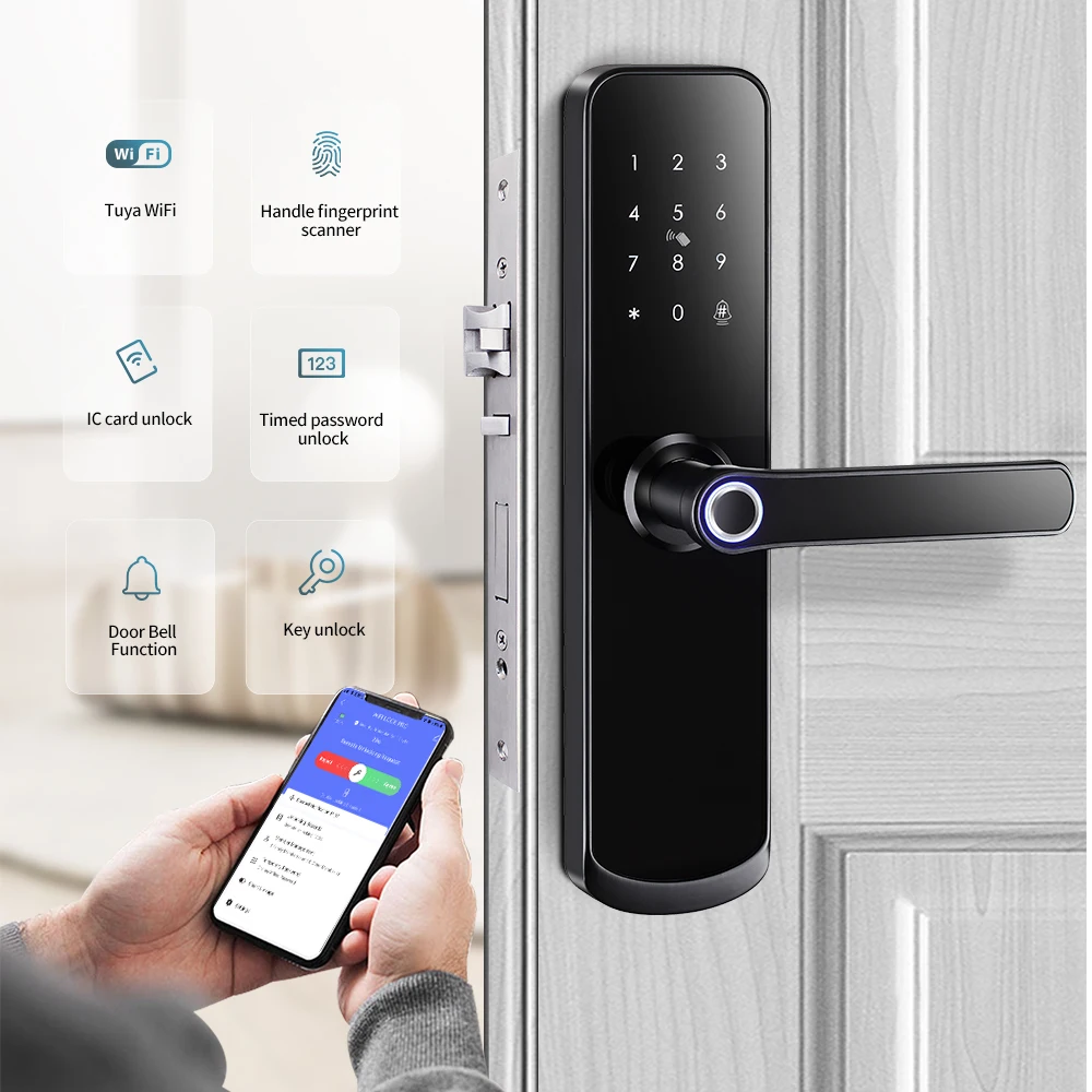 Electronic Tuya Wi-Fi BLE Integrated Lock Remote Control Password Fingerprint Card Keyless Digital Wood Metal  Door Bell 5G