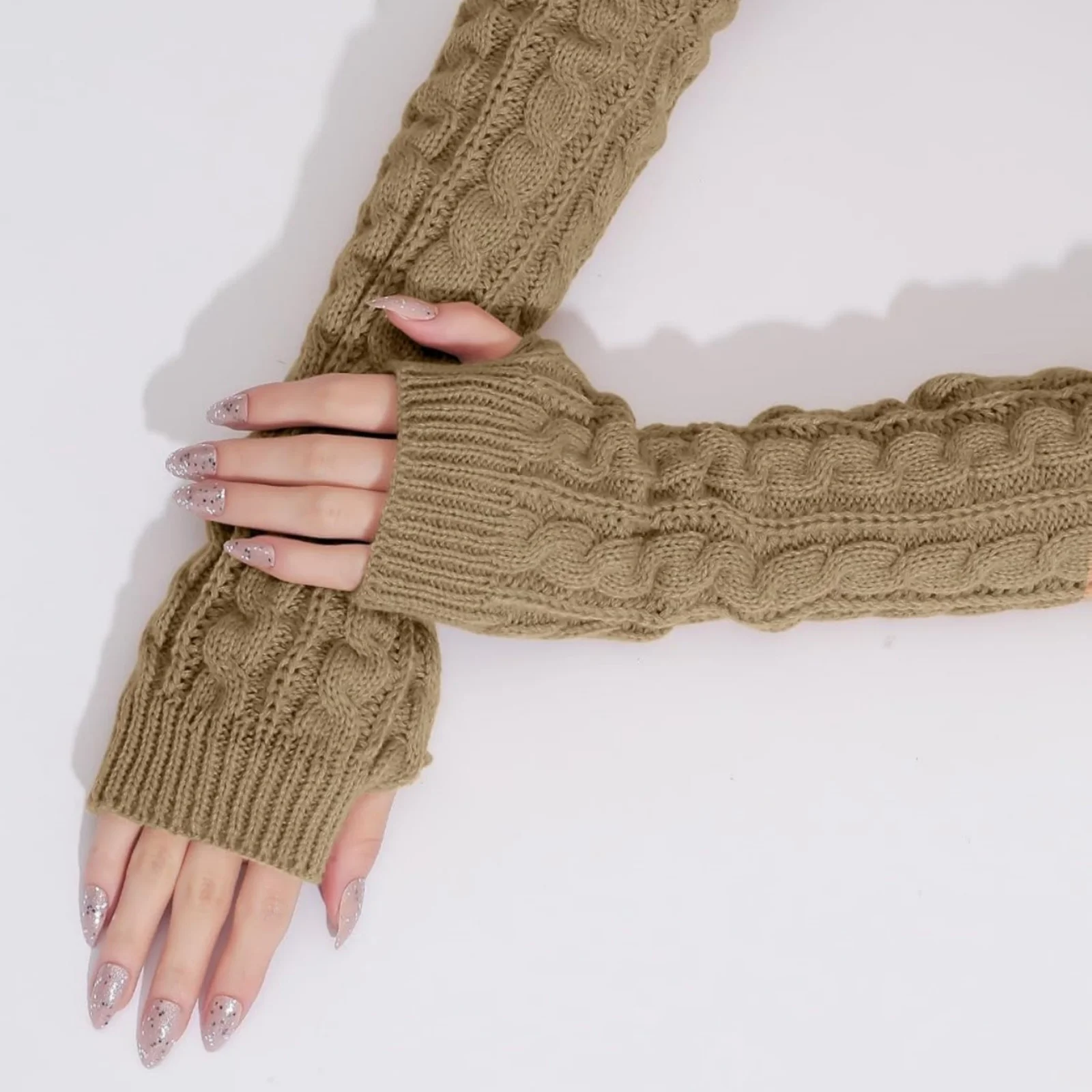 2PCS Women's Knitted Arm Warmers Gloves: Cable - Knit Design, Fingerless, Warm & Stylish For Autumn, Winter, Daily Wear, Office