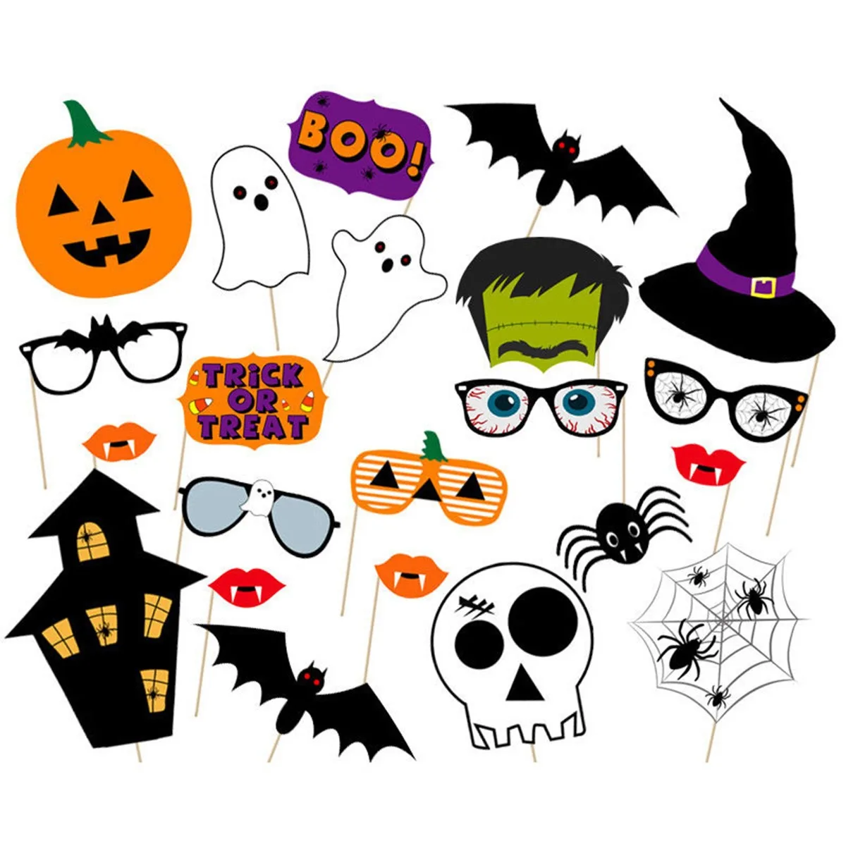 Halloween Photo Booth Props Set, Pumpkin Ghost Bat Witch Hat Spider Skull Signs for Halloween Party Selfie Decor Supplies