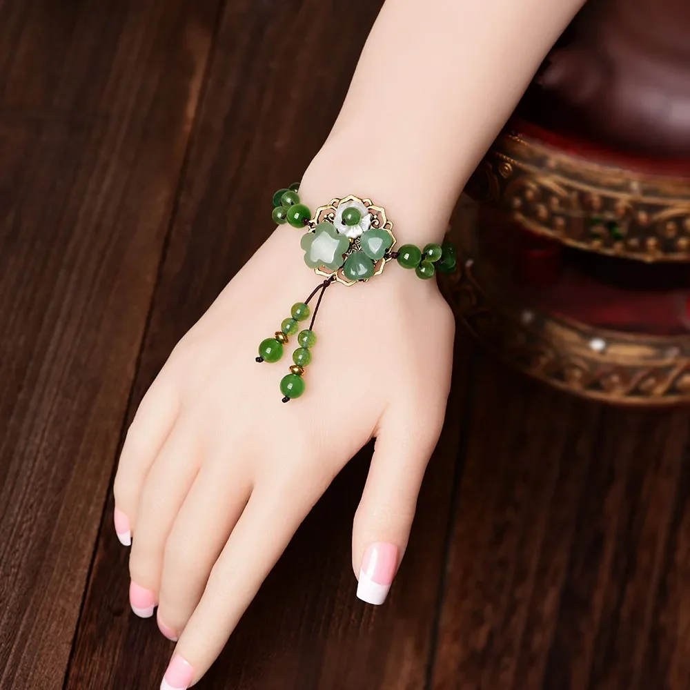 Jade Stone Jadeite Emerald Flower Bracelet Charm Jewellery Fashion Accessories Chinese Carved Amulet Gifts for Women Her