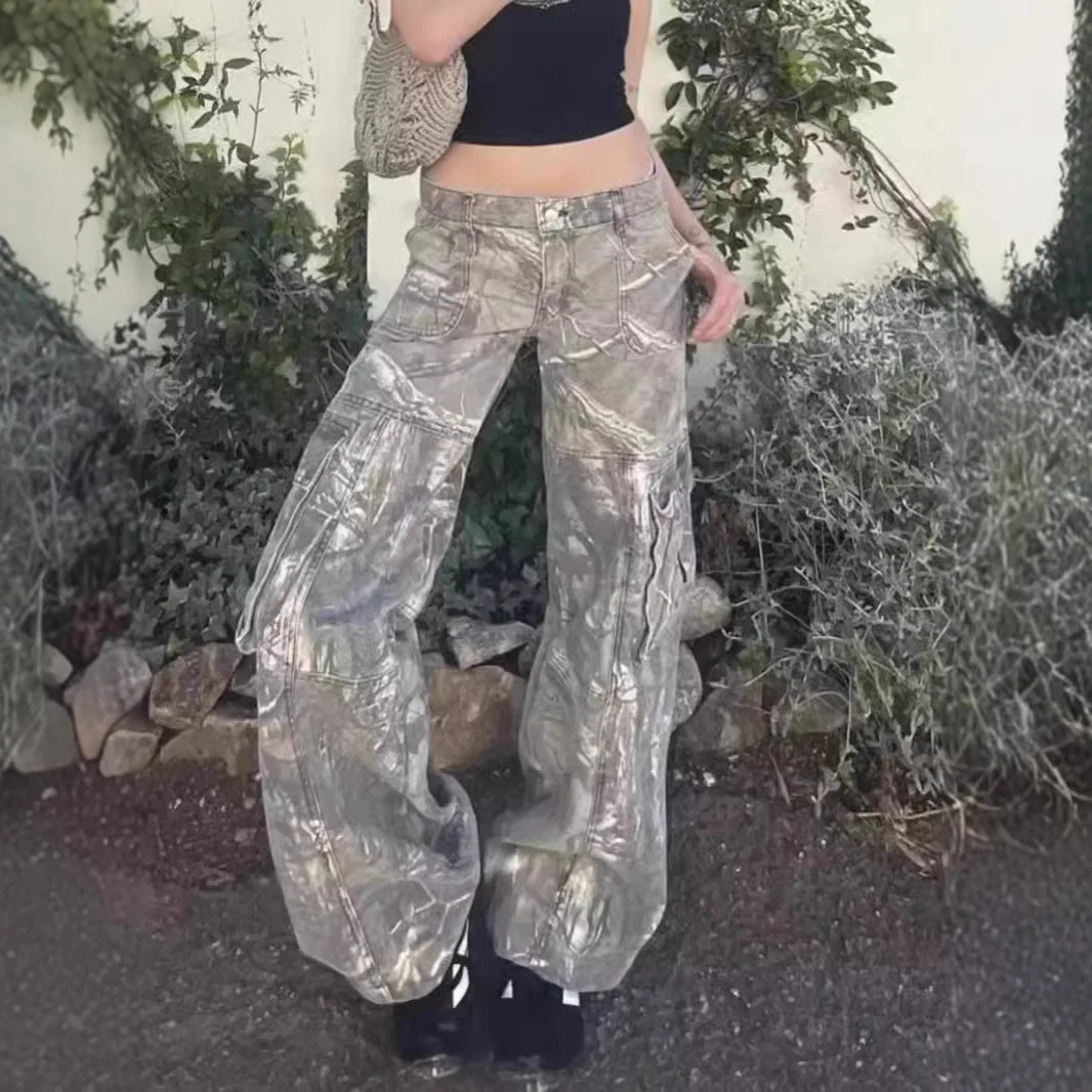 

European and American new autumn overalls Girls camouflage pants straight loose low-rise pocket jeans women