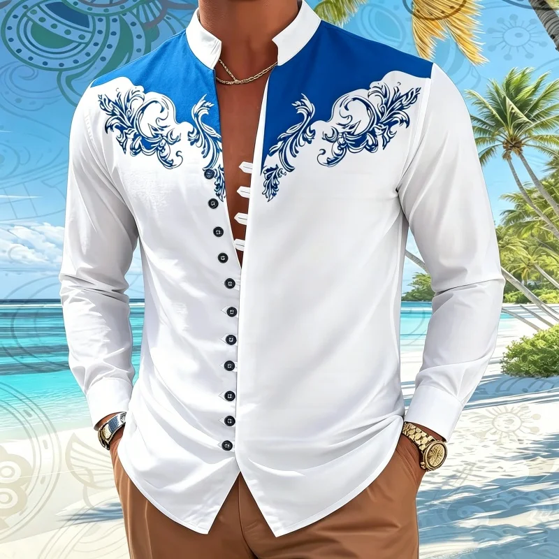 2027 men's Shirt With Contrasting Printed Stand Up Collar  Personalized Casual Long Sleeved Trendy Vacation Casual men's Shirt