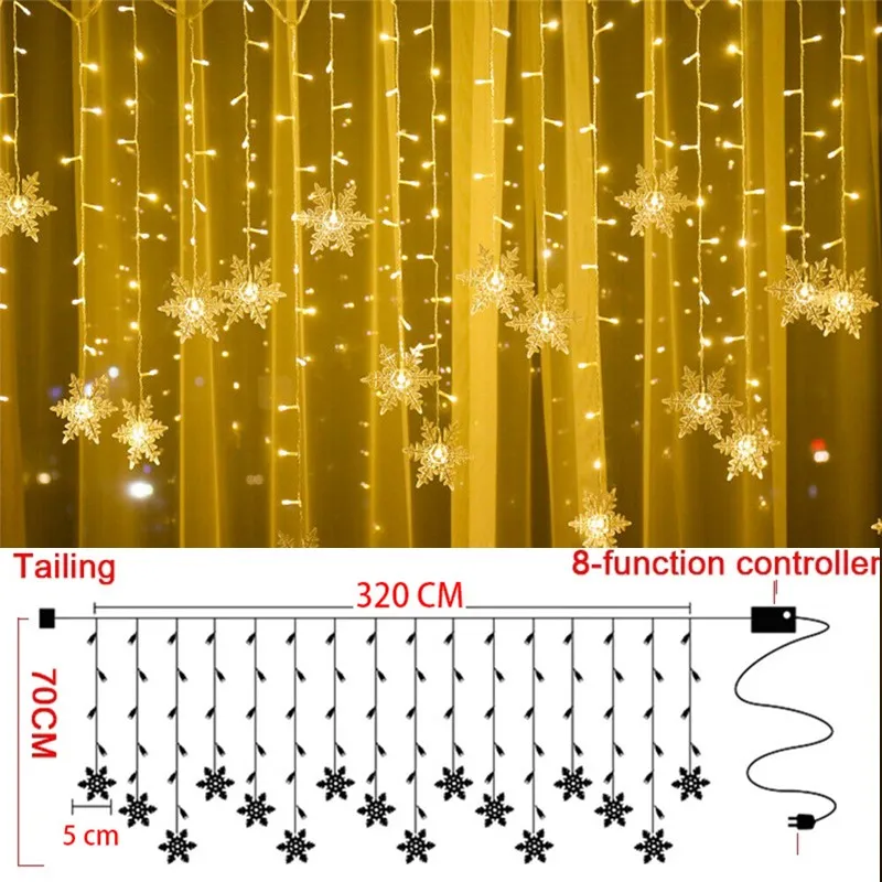Snowflake LED Icicle Lights para Decoração de Natal, Fairy String Light, Guirlandas na casa, exterior e interior, 2025
