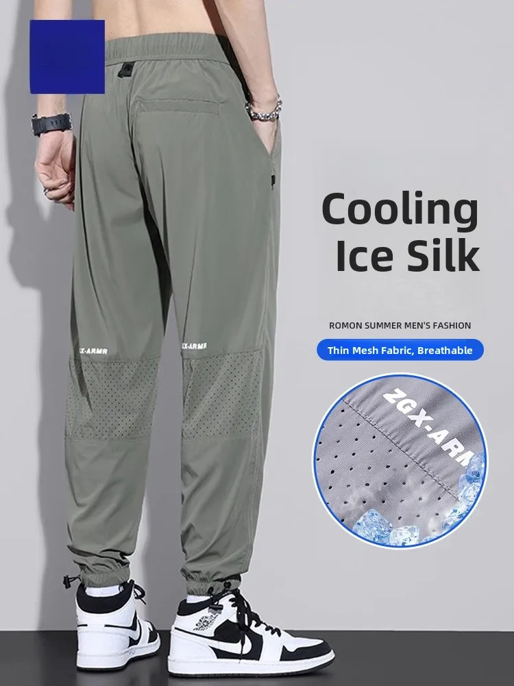 

Мужские летние тонкие быстросохнущие спортивные свободные брюки-шаровары из нейлоновой ткани Ice Silk для молодежи, эластичные, повседневные, длинные