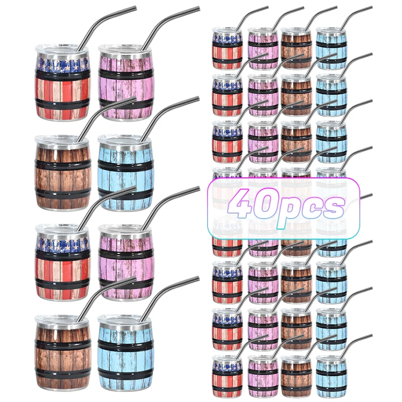 

40pcs Pack 3oz Stainless Steel Spray Printing Beer Barrel Cup With Lid and Metal Straw Hu