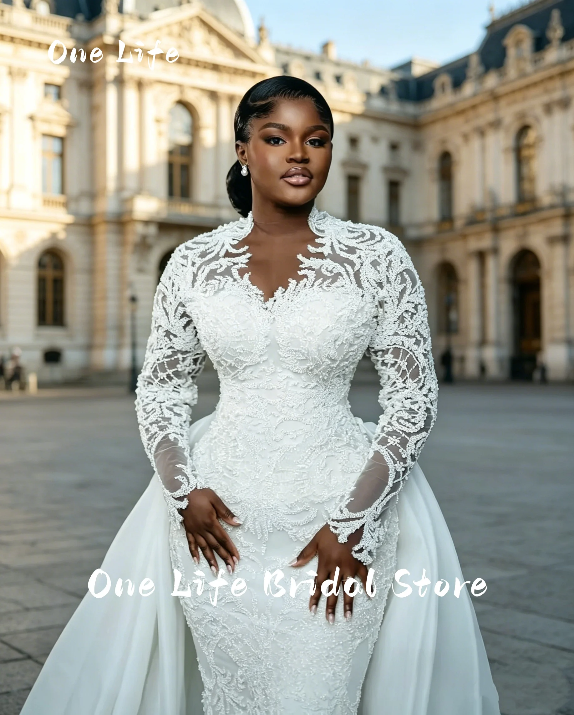 Customized Mermaid Wedding Dress Curvy  Long Sleeves Beaded Lace Crystals Bridal Gowns Detachable Train amanda novias official
