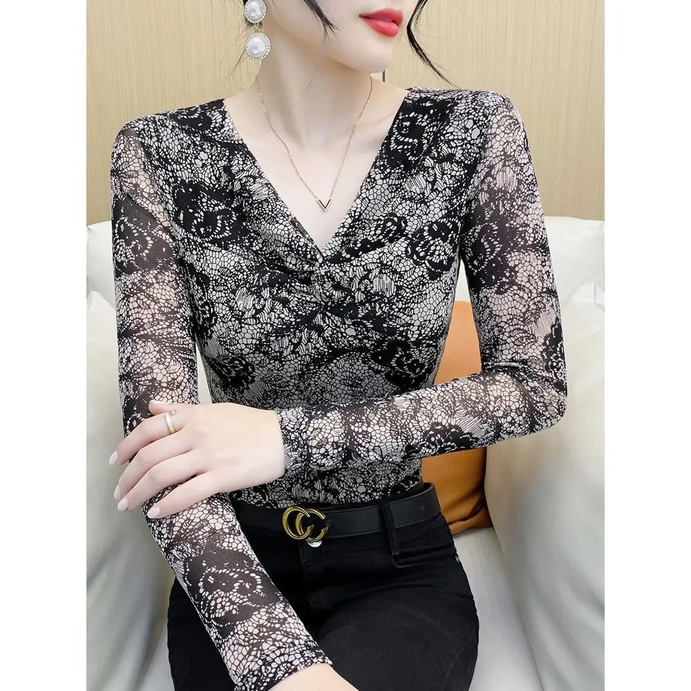 Spring Autumn New Top Tee Net Yarn Bottoming Shirt Female Slim Interior Lapping Interior Lapping T-Shirts Polka Dot Fashion Tops