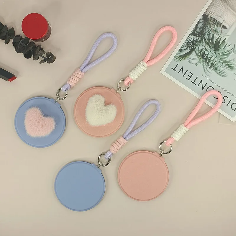 라운드 메이크업 거울 접이식 양면 화장품 거울 휴대용 러브 하트 PU 가죽 케이스 여성 여행 일상 사용