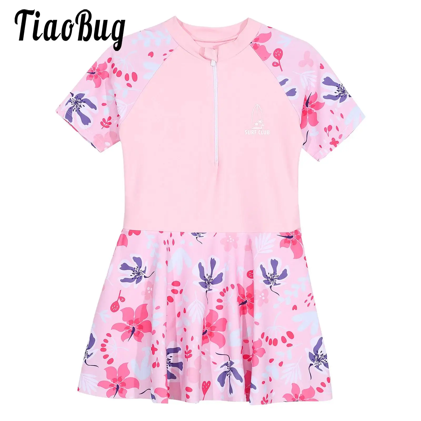 

Girls One-Piece Bathing Suit Swimsuit with Built-in Shorts Short Sleeve Zipper Front Floral Printed Dress for Swimwear Beachwear