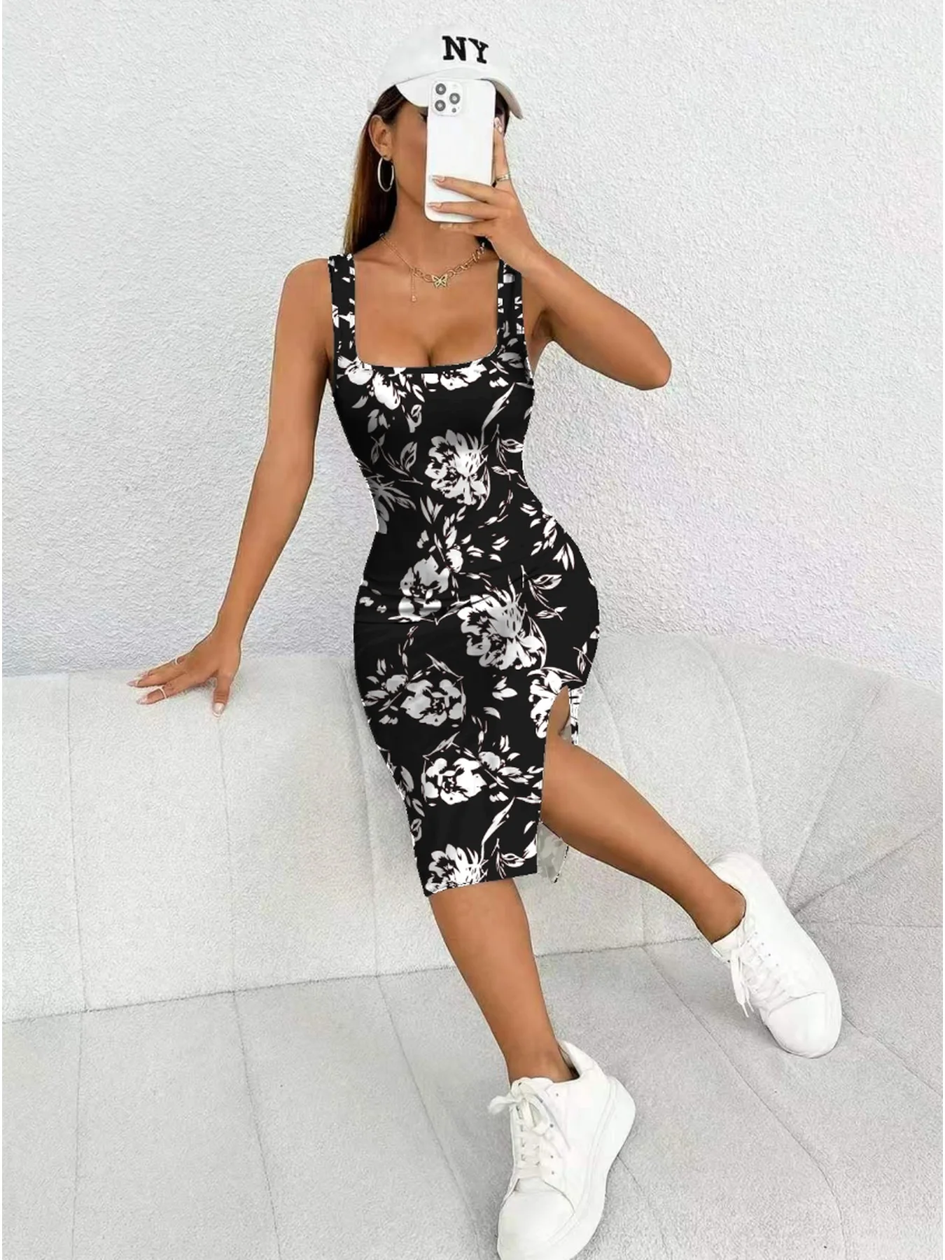 Damen Sommer Casual Elegantes Kleid mit Quadratischem Ausschnitt Geometrisches Blumenmuster Schlitz Mittellanger Rock Bequemes A-Linien Maxikleid – Detail 5