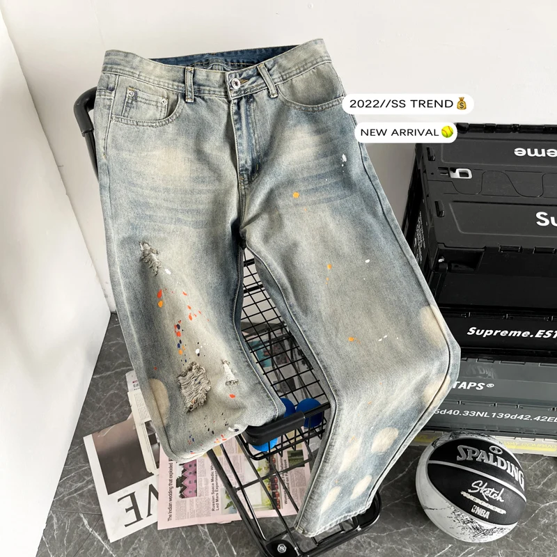 

Retro Distred Men's Jeans American Trendy Brand Loose Straight Leg Harajuku Wide Leg Splaed Ink Old Dad Pants