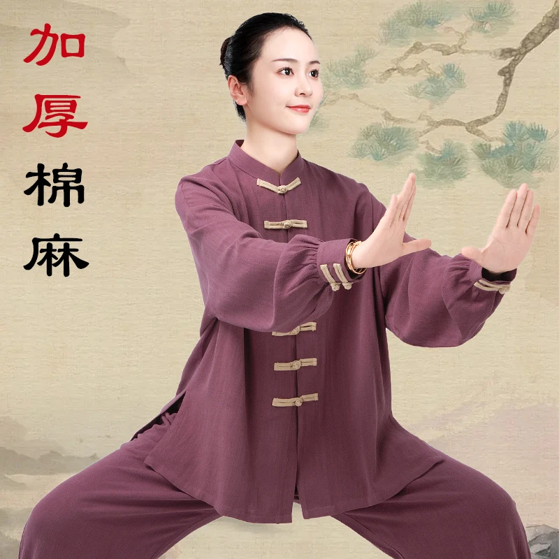 2025 New Women's Tai Chi Suit, Heavyweight Linen-Cotton Top for Autumn/Winter, Two-Tone Baduanjin Practice Wear