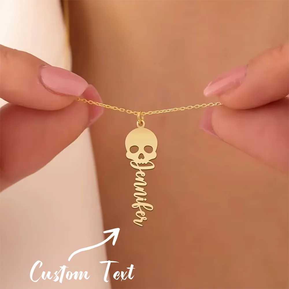 Personalisierte Totenkopf-Halskette mit vertikalem Namen, Punk-Mode-Anhänger 2026, Edelstahl, Gothic-Schmuck, Halloween-Geschenk für Frauen