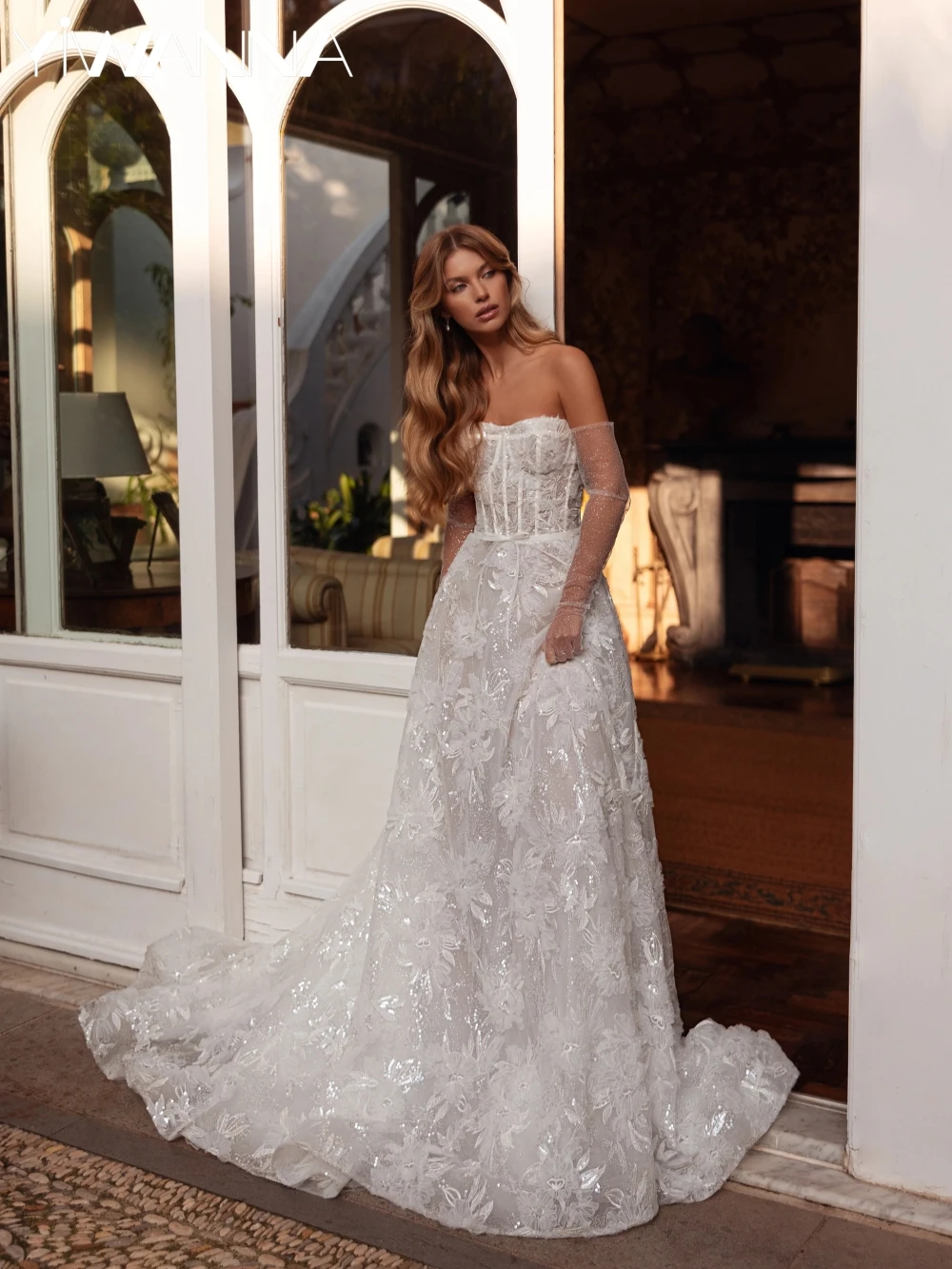 

Opulent Sparkling 3D Flower Wedding Dress Dreamy Strapless A-line Long Bridal Gown Customized Sleeveless Dresses For Bride