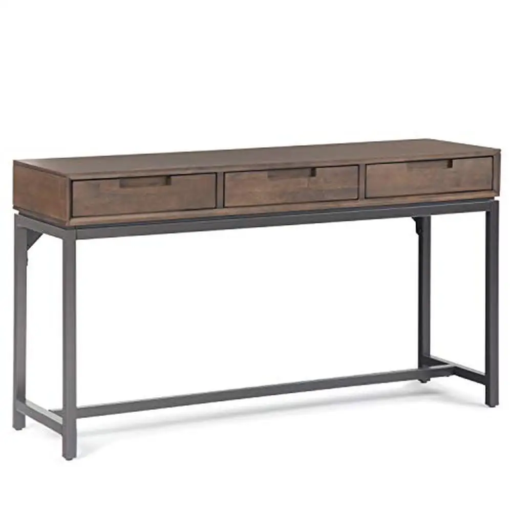 

Solid Wood 54" Wide Console Table Walnut Brown Living Room Entryway Storage 3 Drawers Handcrafted Rubberwood Metal Frame Unique