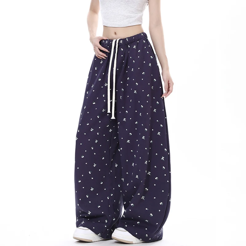 Harajuku floral cinza sweatpants feminino outono inverno estilo preguiçoso cordão perna larga calça coreano contrastante streetwear