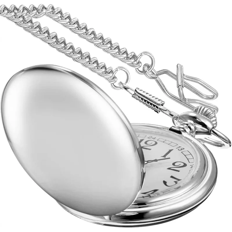 Stylish Men's Silver Quartz Pocket Watch with Arabic Numerals on a White Dial, Crafted from Durable Stainless Steel