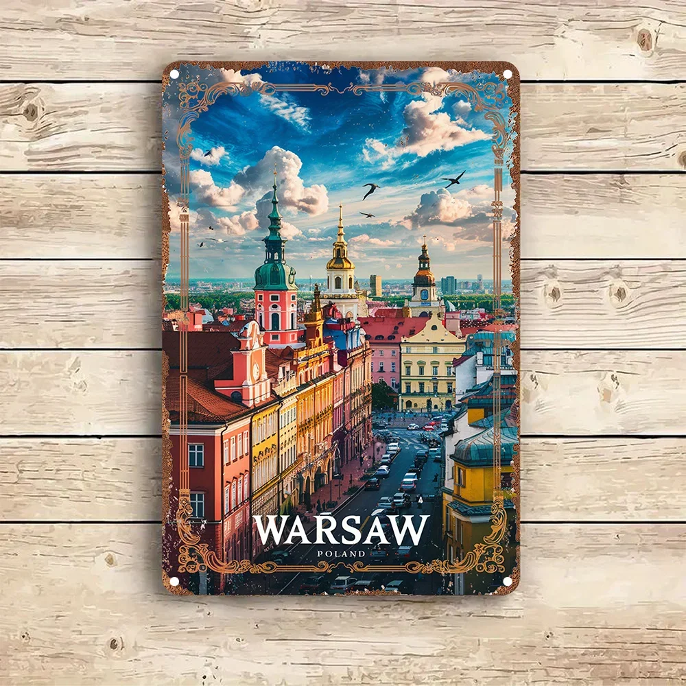 Warsaw Cityscape Metal Sign， Vintage Aluminum Wall Art, 2D Decorative Plaque for Bedroom, Kitchen, Game Room, Garden, Porch, Bar