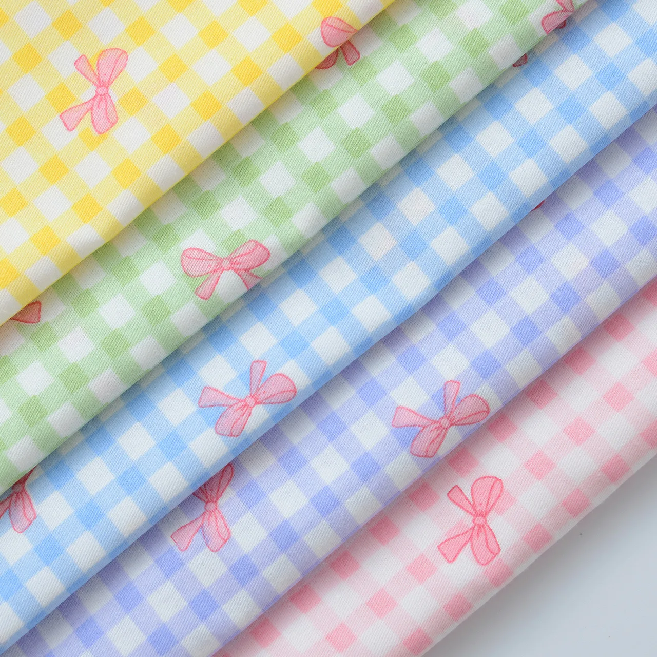 Dopamine Color Plaid Bow Printed 40 Count Cotton Twill Fabric, Soft Cotton Material for Garment Bed Linen DIY Hand‑sewn Projects