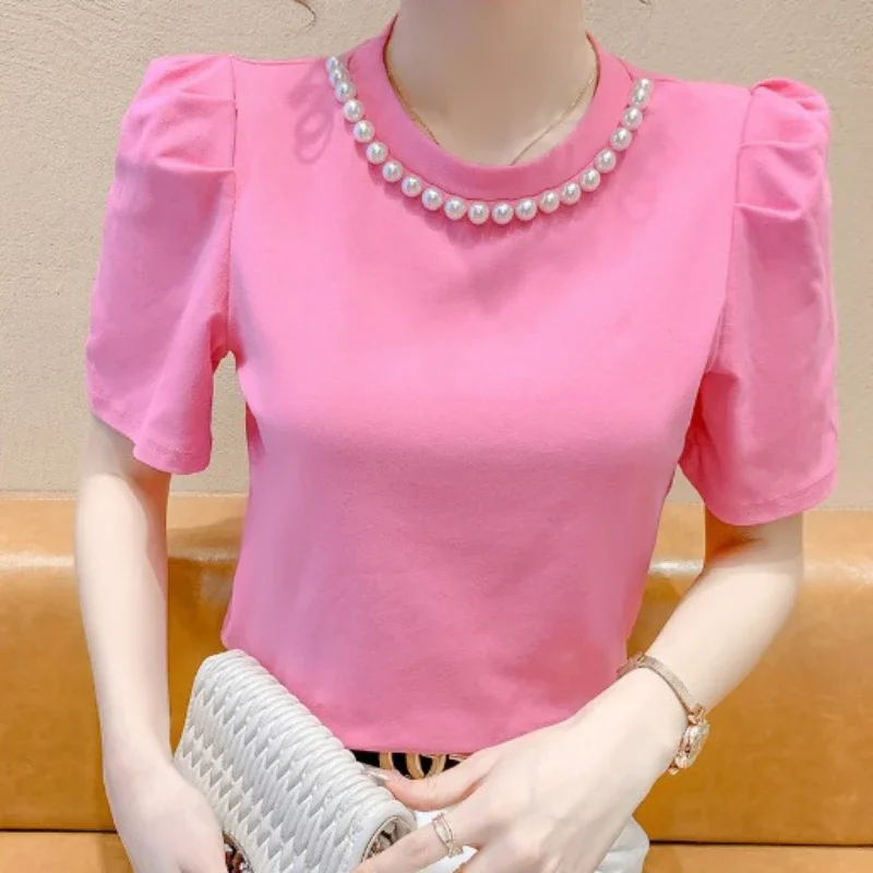 2024 Summer New Beaded Round Neck Short Sleeved T-shirt for Women Korean Version Slim Fit and Elegant Versatile and Simple Top