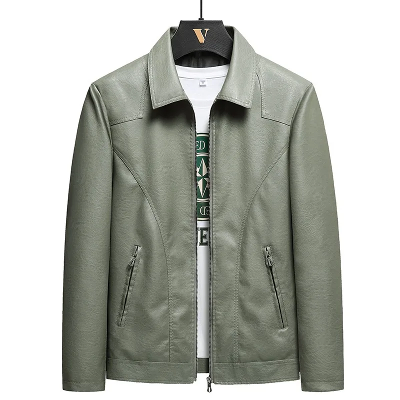 Men Lapel Faux Leather Jacket Thin Zip Up Casual Motorcycle Style Coat PU Leather Jacket For Spring Autumn