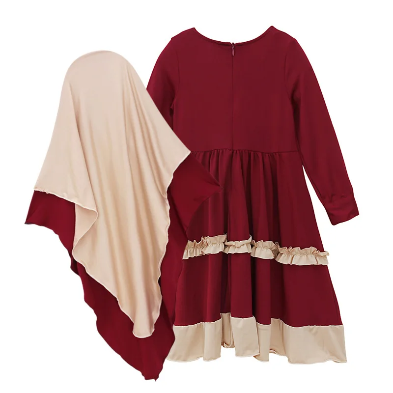 2024 Baby Girls Eid Muslim Long Party Dress + Scarf Clothing Set Spring and Autumn Festival Arab Style Kids Traditional Clothing