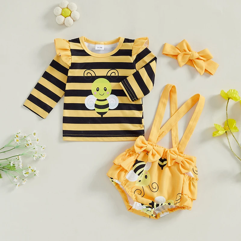 Lovely Baby Girl Sets Autumn Outfits Stripe Bee Print Long Sleeve Romper Suspender Shorts Headband 3Pcs Clothes Set