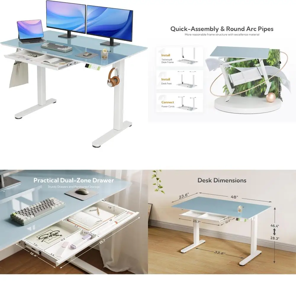 Adjustable Height Electric Standing Desk with Storage, 48 inch Desk for Standing Work, Drawers Included, Ergonomic Desks for Off