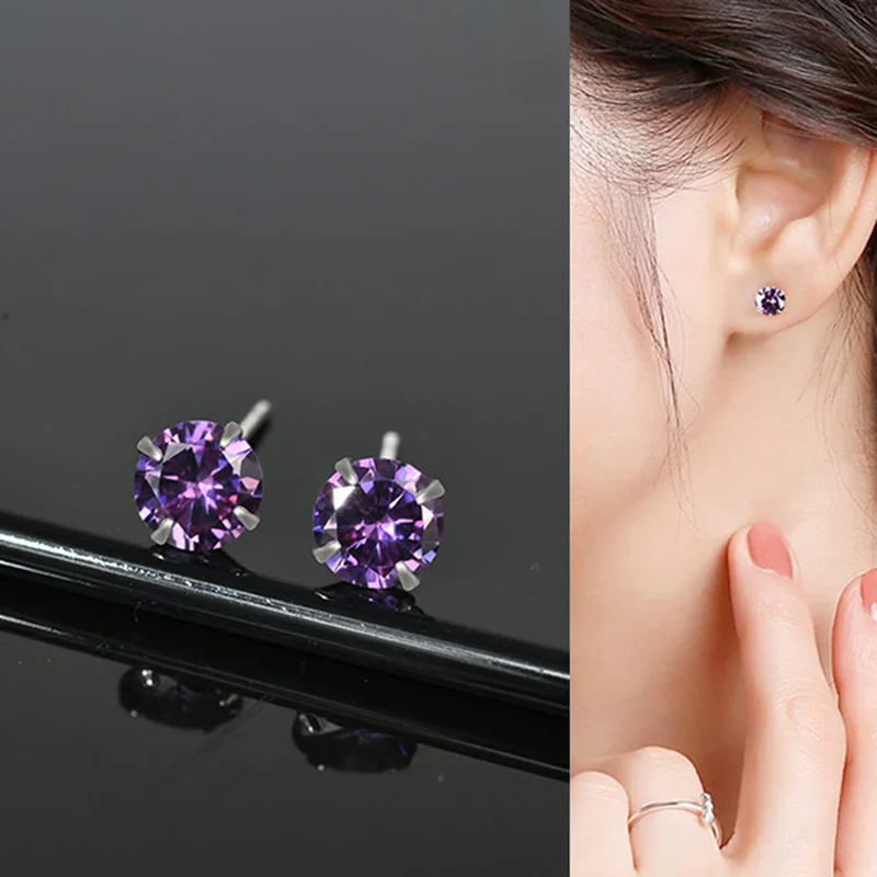 925 Sterling Silver Piercing Bone 4MM Round Colored Zircon Mini Stud Earrings For Women Ear Hole Care Accessories