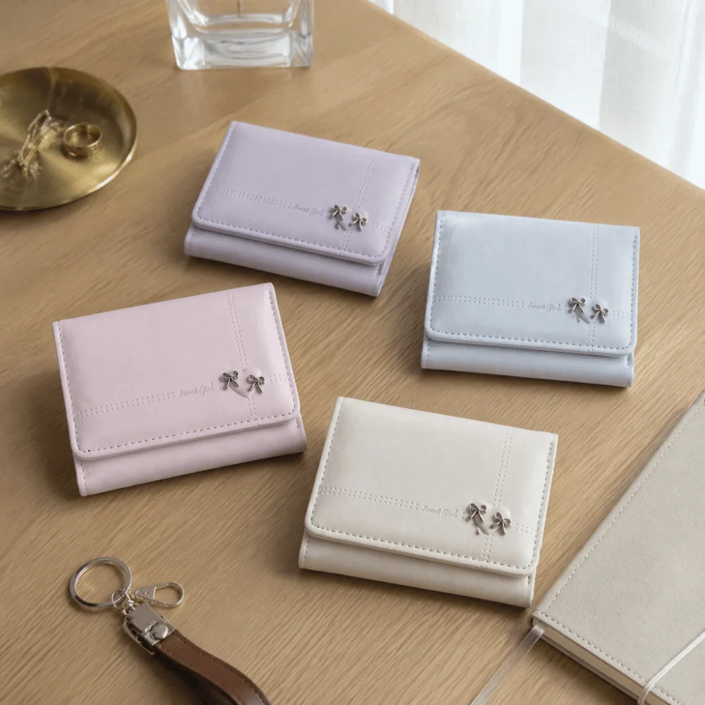 Fashion Large Capacity Love Bow Wallet Foldable Multi-card Slot Tri-fold Short Wallet Compact PU Leather Card Holder Student